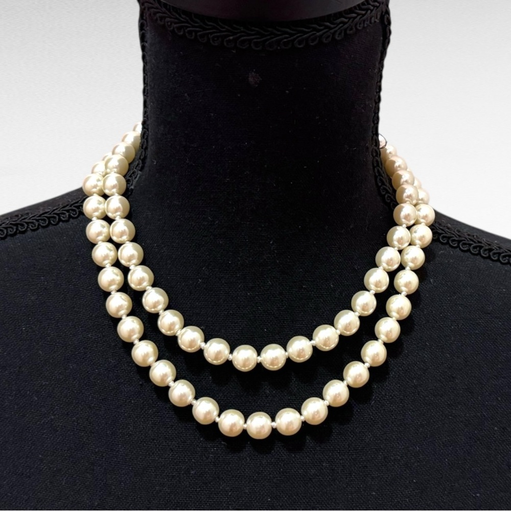 Erwin Pearl Stamped Double Strand Ivory Glass Pearl Necklace Knotted - 17 Inch